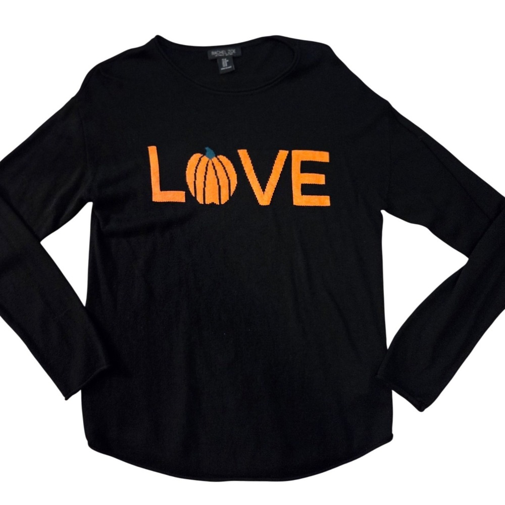 Rachel Zoe Love Pumpkin Intarsia Knit Sweater Cashmere Blend Black Relaxed Sz M